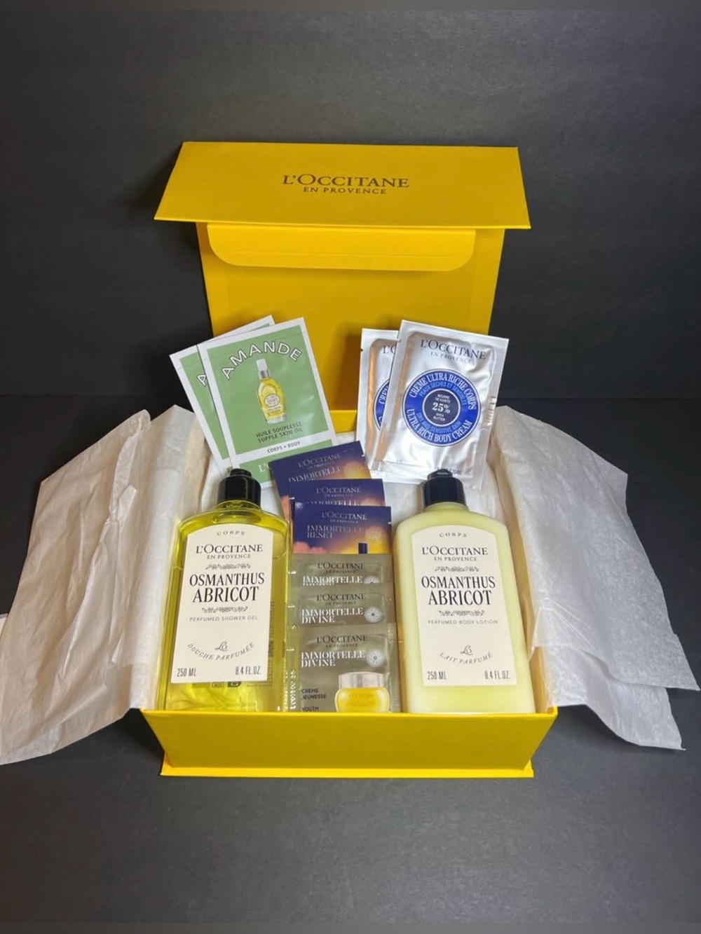 L'Occitane Osmanthus Abricot Shower Gel & Lotion, Amande Skin Oil.. Gift Box Set